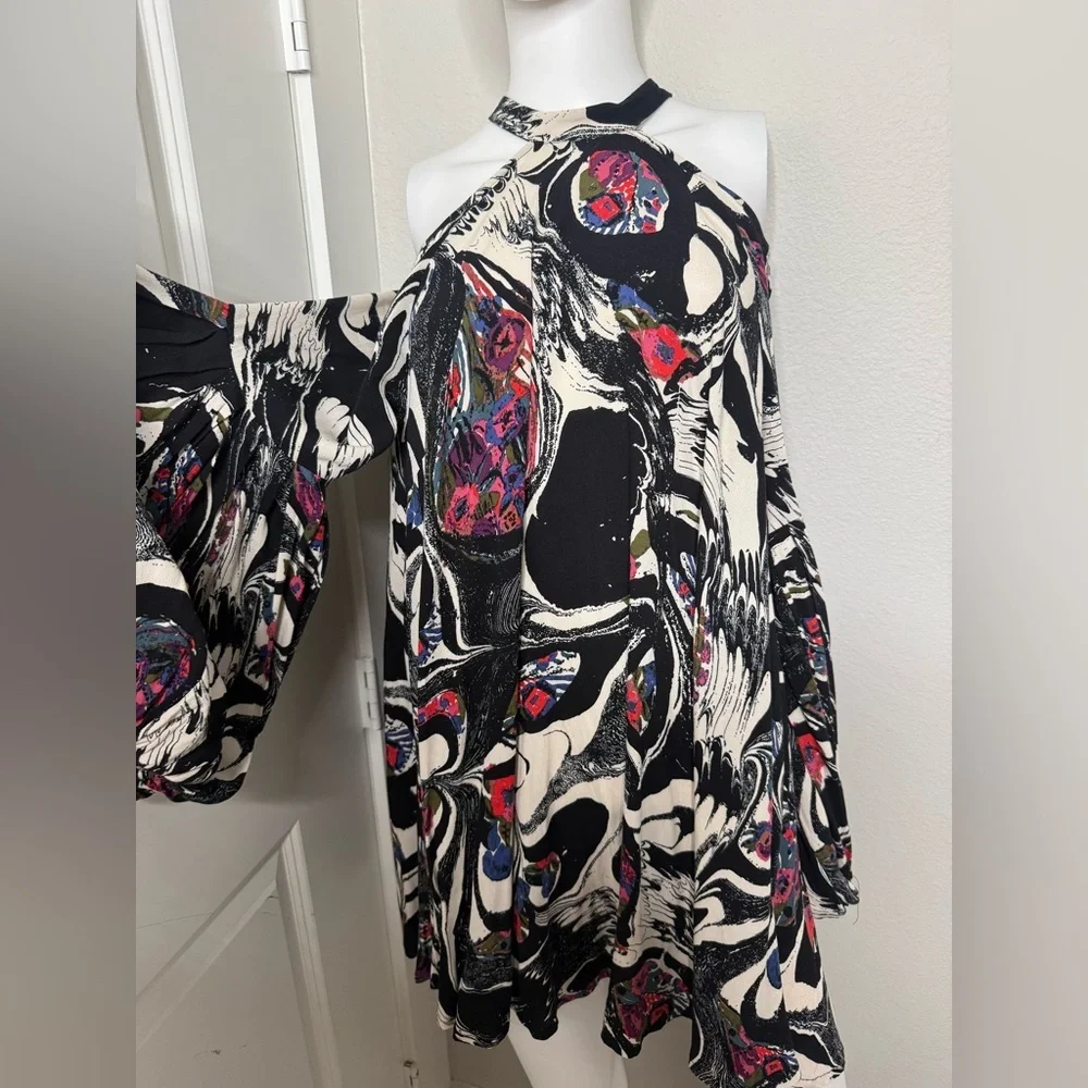 Free People Drift Away Black Print Cold Shoulder Tunic Top S